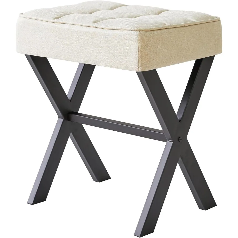 Square Makeup Stool with X-Leg, Linen Vanity Chair, Multi-Use Small Side Table for Bedroom and Living Room