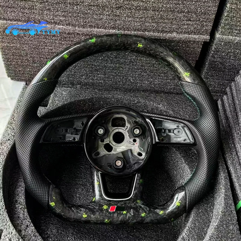 

For Audi RS3 RS4 RS5 A3 A4 A5 S3 S4 S5 2017-2020 Perforated Leather Green Forged Carbon Fiber Flat-Bottom Sport Steering Wheel