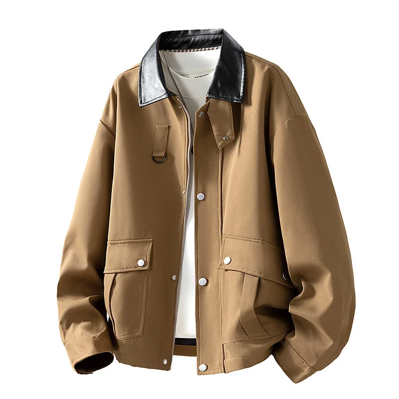 

2025 Autumn Man Jacket Vintage Leather Turn Down Collar Long Sleeve Cargo Coat Contrast Color Zipper Versatile Male Outerwear