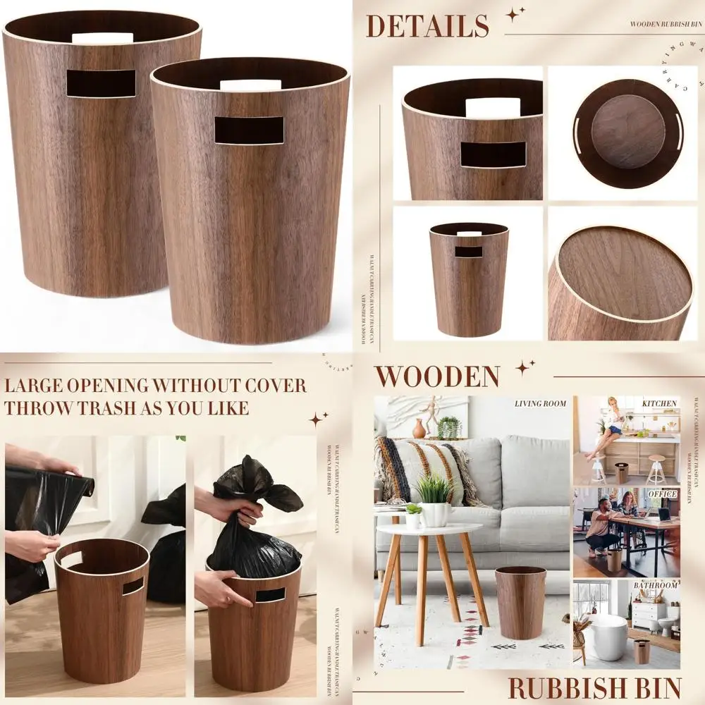 

Natural Wood Round Wastebasket 2.3 Gallons - Small Trash Bin for Home, Office, Kitchen, Desk Side