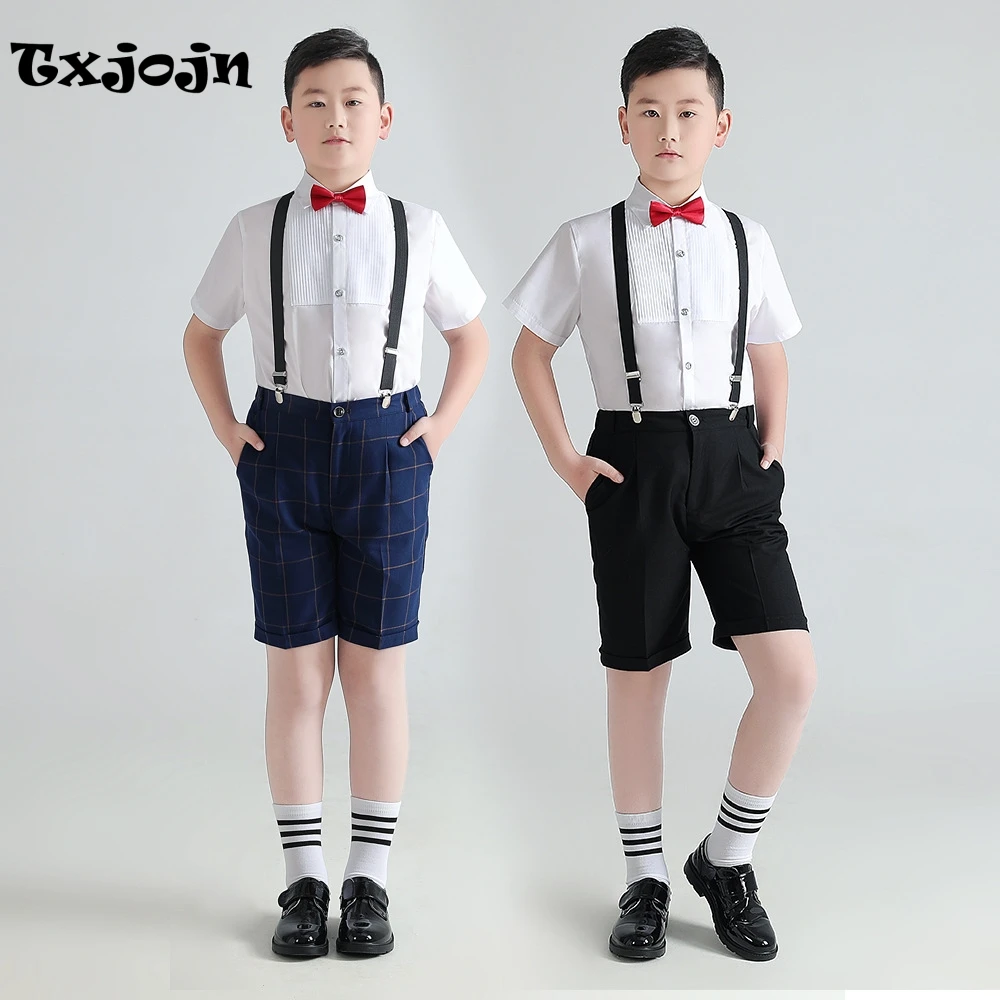 

Plus Size Children's Casual Ovealls Sets 5 Pieces Shirt Pants With Straps Bow-tie Socks For Chior Performance Kids Clothes