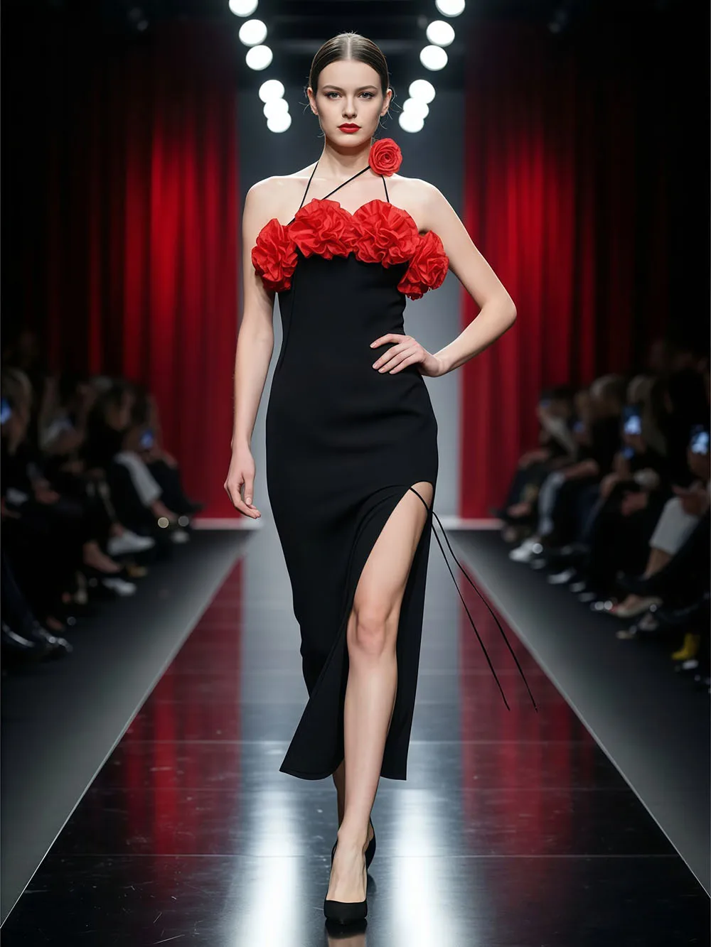 

New Women's Gowns With Rose Leather Rope Suspender Three-Dimensional Flower High Slit Sexy Bandage Dress