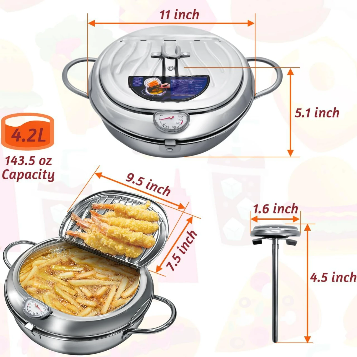 11 Inch Japanese Stainless Steel Deep Fryer Pot with Lid - Excellent Temperature Control and Oil Drainer Rack - Ideal for Delici