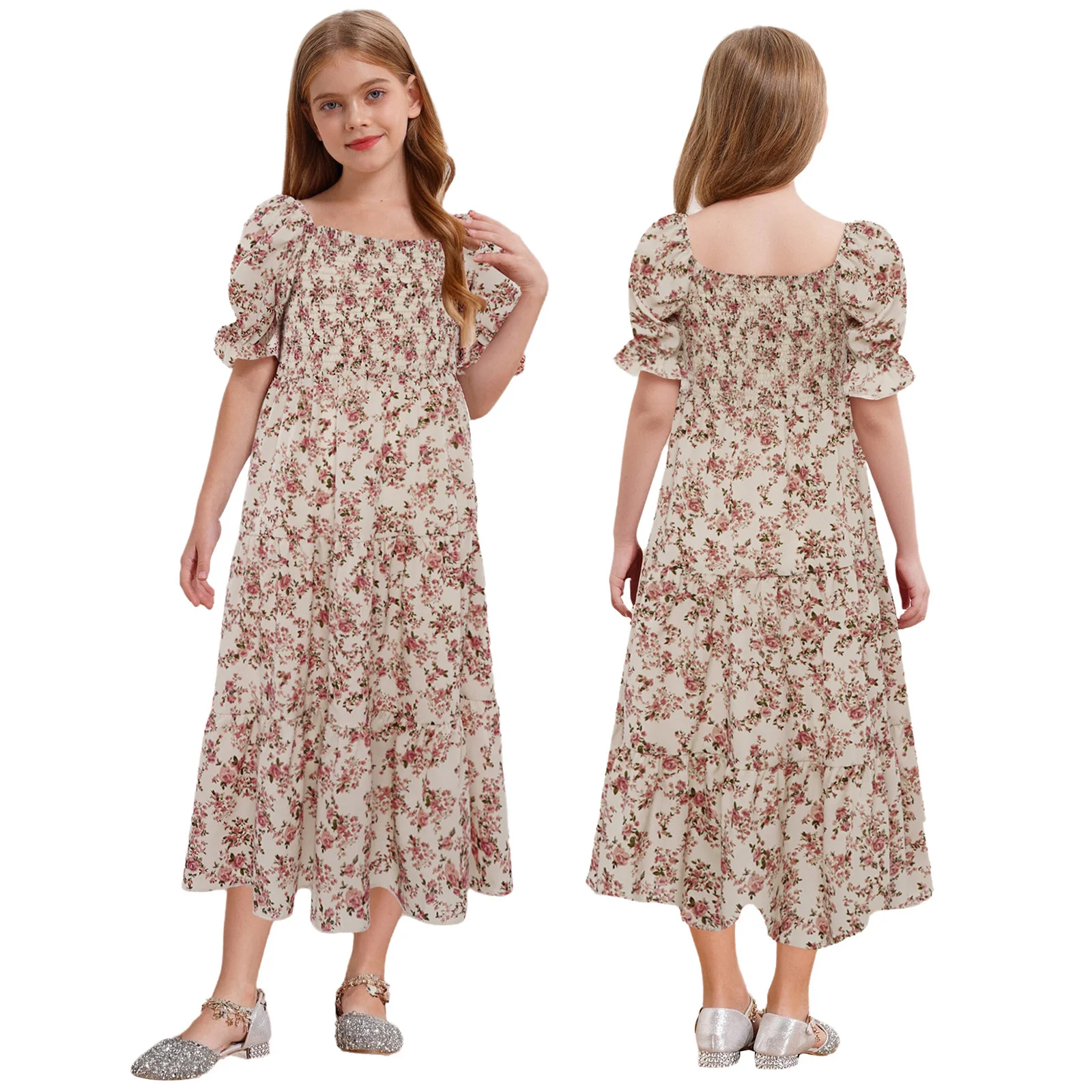 

Kids Girls Floral Print Dress Short Puff Sleeves Square Neck Maxi Dresses for Holiday Vacation Wedding Birthday Princess Dress
