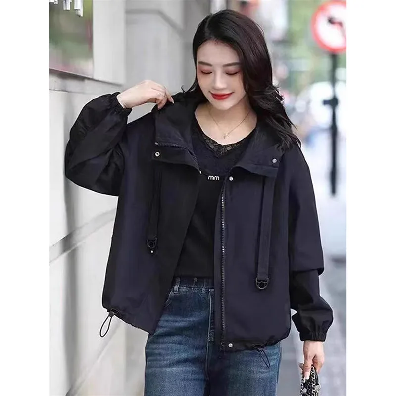 الراقية سترة واقية غربية سترة امرأة جديدة ربيع الخريف 2025 معطف مقنع موضة الكورية ملابس خارجية فضفاضة الإناث ملابس علوية