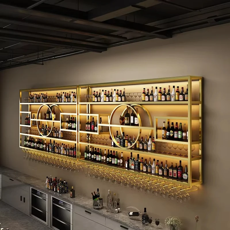 Decoración personalizada para mostrador de Bar, estante luminoso montado en la pared para vino, estante de exhibición para gabinete de vino de uva de hierro montado en la pared