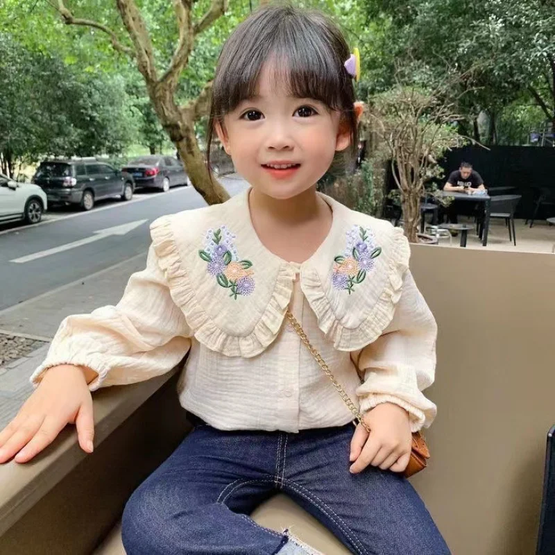 

LYY-Girls' Collar Blouse Spring New Children's Western Style Embroidered White Shirt Little Girl Blouse