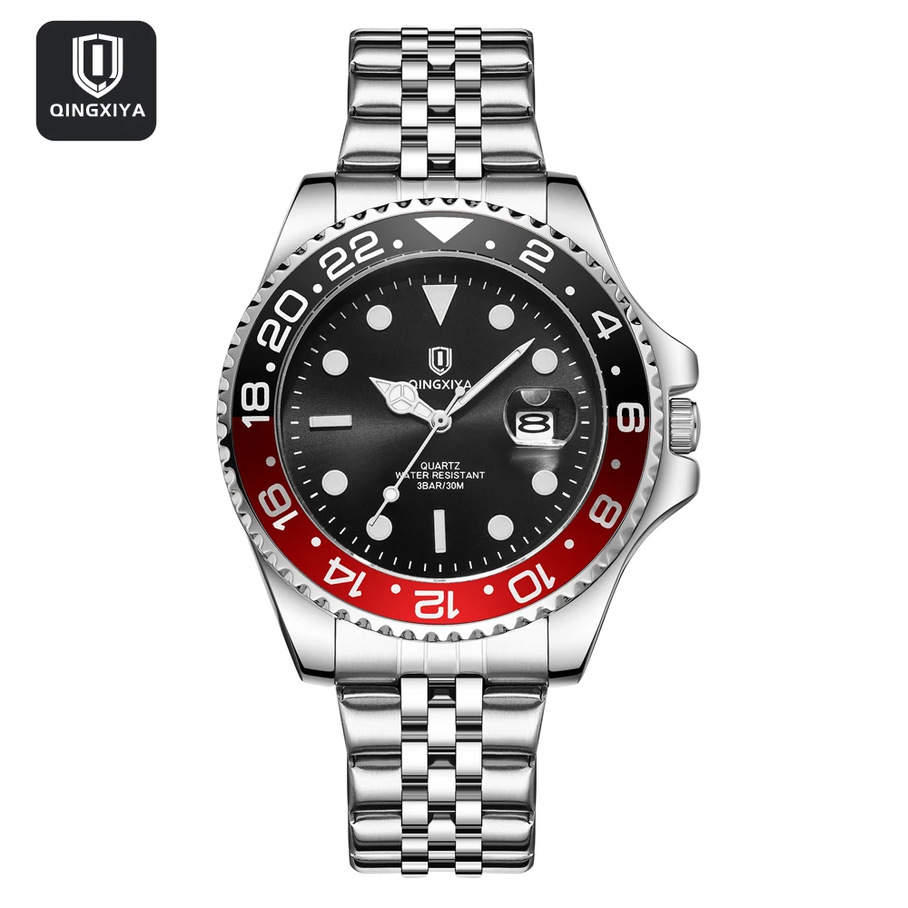 QINGXIYA Brand New Fashion Date Quartz Watch Men Stainless Steel Waterproof Luminous Bezel Rotation Luxury Men Watches Relogio