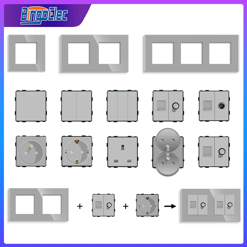 Bingoelec Grey DIY Parts USB TV ST Function Part 1/2/3Gang Push Button Switch Wall Glass Frame Power Sockets Base EU Standard