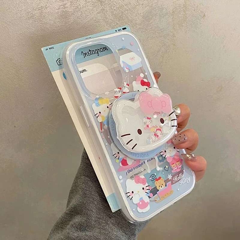 Cute Cartoon Snowhouse Ski Hello Kitty Bear Magsafe Wireless Charge Case For iPhone 13 14 15 16Pro Max KT Shake Magnetic Holder