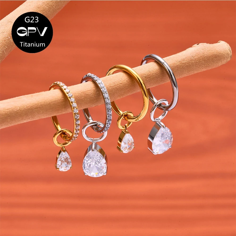 ASMT G23 Titanium Earrings Water Drop Zircon Pendant Closed Loop Men's and Women's Perforated Jewelry Nasal Diaphragm Ring