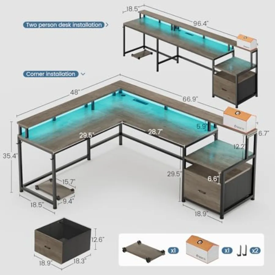 66 Reversible L Shaped Computer Desk with Power Outlet and File Drawer, engineered wood, white, space-saving dual-sided design