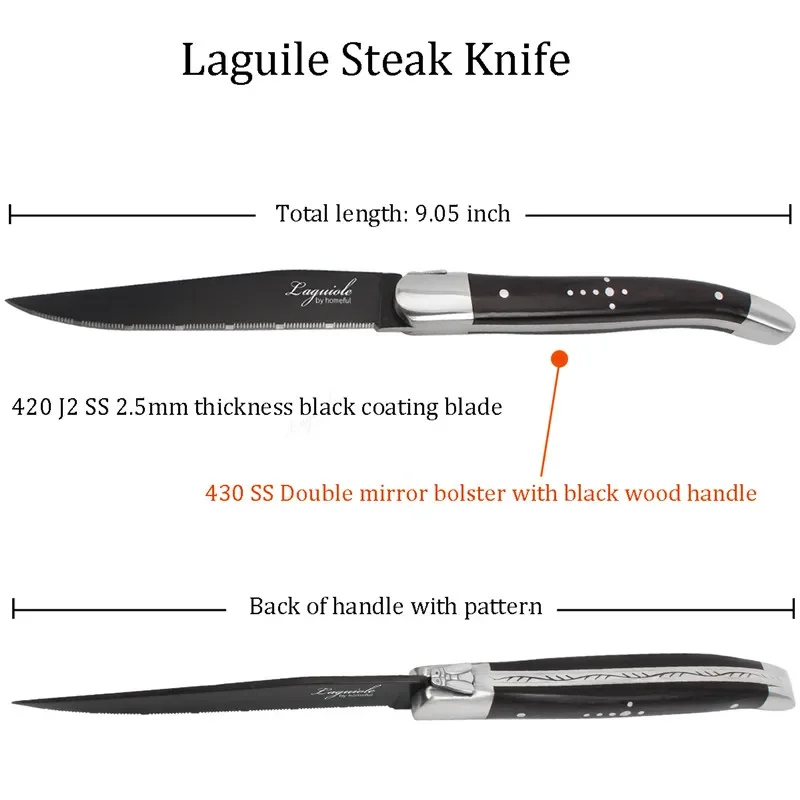 2/6/10Pcs Laguiole Steak Knife Set Stainless Steel Black-Colored Wood Polished Handles Double Steel Head Cross Nail Steak Knives