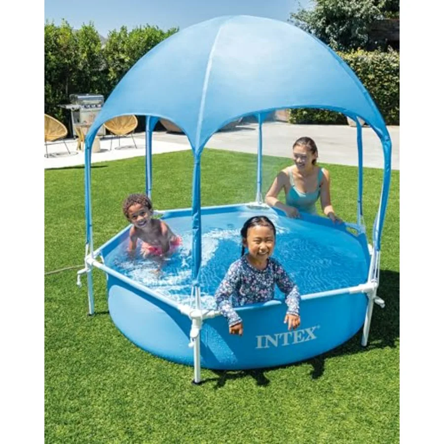 Above Ground Swimming Pool Canopy with Metal Frame, Silver, Puncture-Resistant Material, Built-In Sprayer, Easy Assembly, 6ft x
