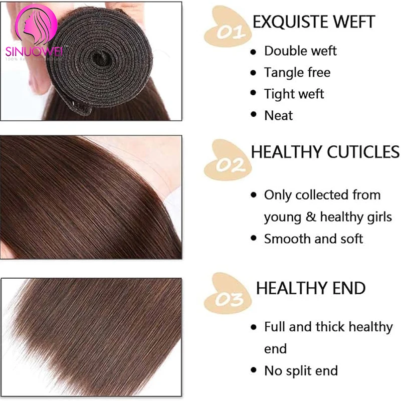 Chocolate Brown Straight Pacotes de cabelo humano com fechamento, 100% cabelo humano, extensões de cabelo ósseo, 8-34in, 12A