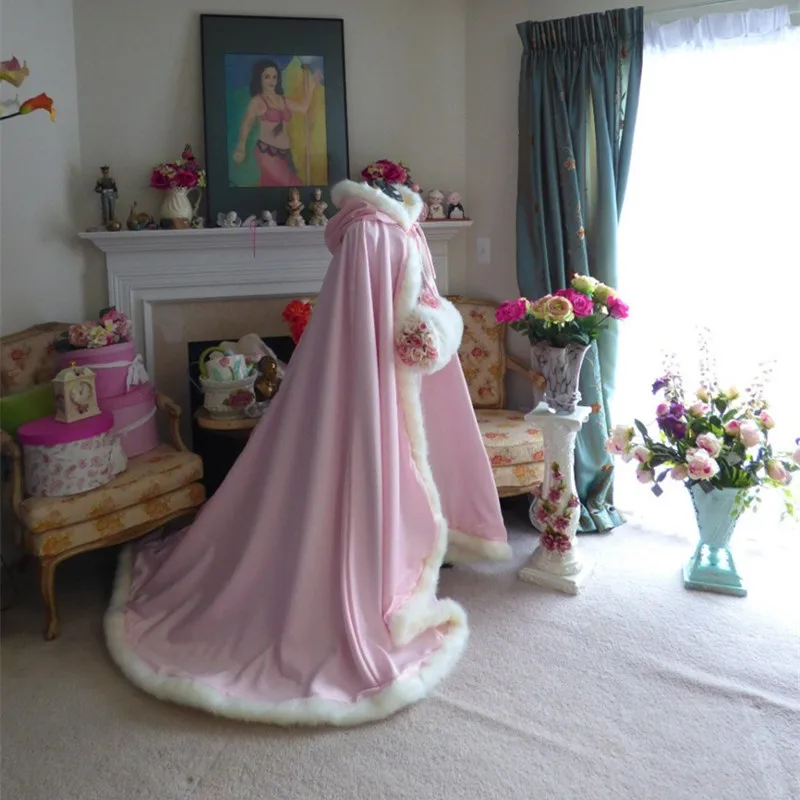 

Winter Bridal Cape Pale-Pink Hooded Wedding Cloak Faux Fur Trim Shawl