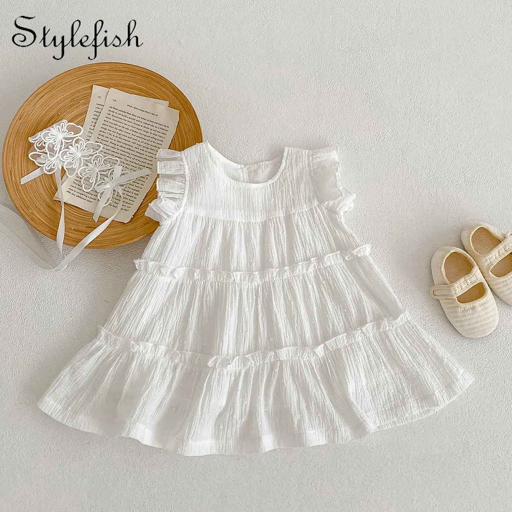 INS Summer Girls' Baby 0-5 Years Old Baby and Children's Round Neck Ruffled Flying Sleeves All Cotton Small Fresh White Skirt