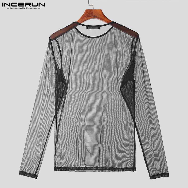 2024 Men T Shirt Mesh Sexy O-neck Long Sleeve Skinny Men Clothing Streetwear Transparent Fashion Casual Camisetas S-5XL INCERUN