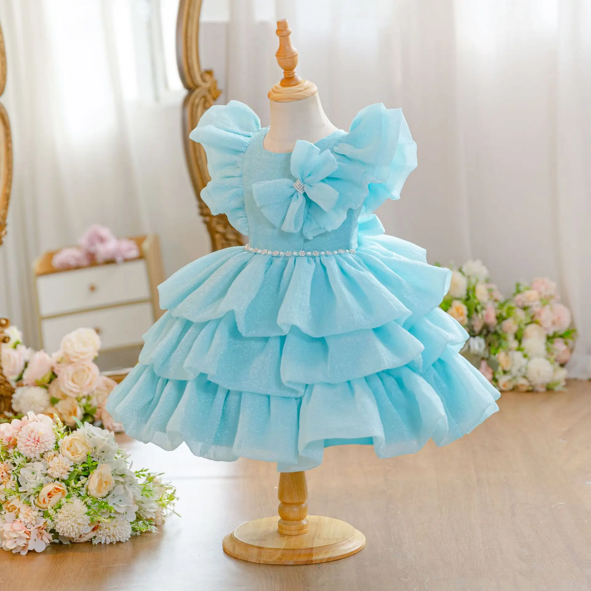 HETISO Girls Layered Dress Puff Sleeve Children Tulle Ball Gown Cute Celebration Kids Party Pageant Formal Costume 1-5 Years