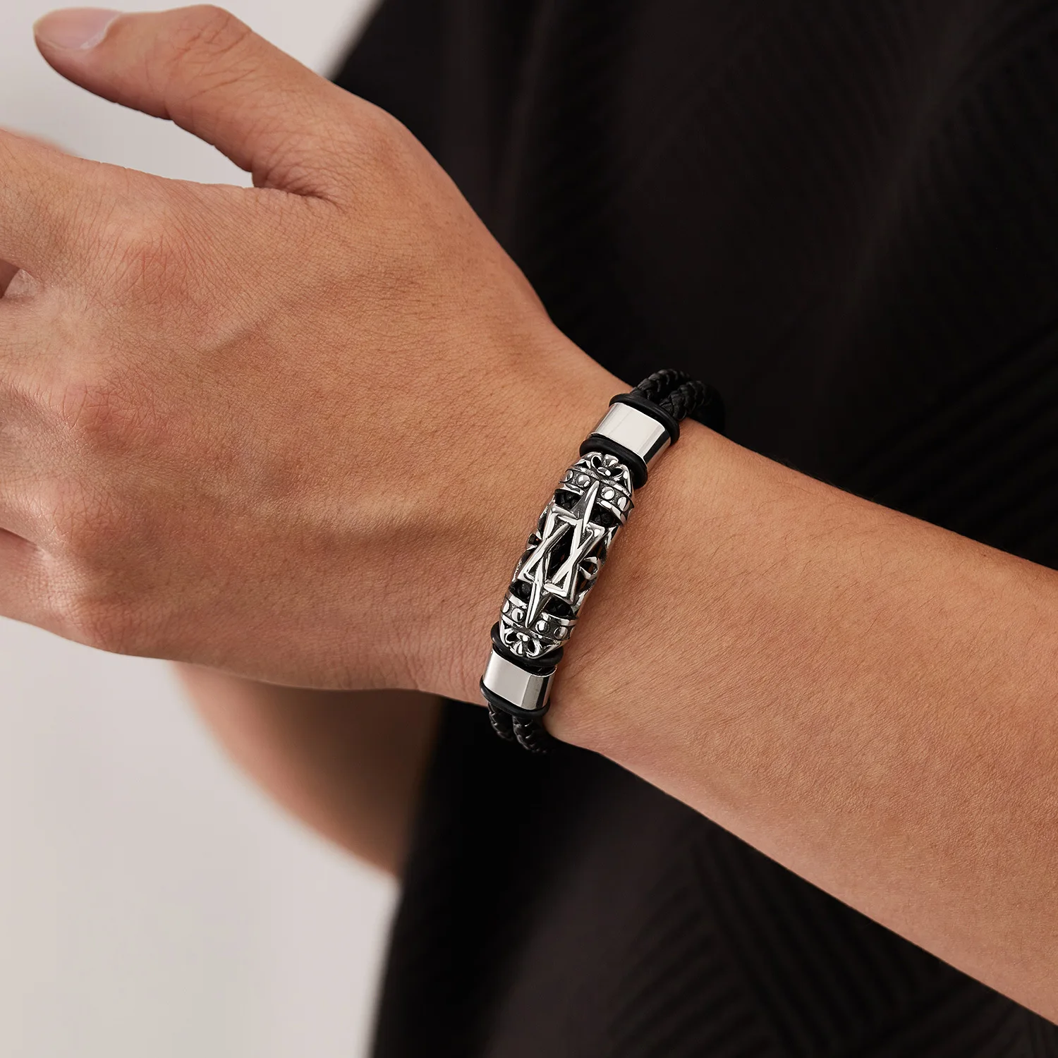 الأوروبية والأمريكية الأزياء والجلود سوار الرجال الفولاذ المقاوم للصدأ شخصية الاتجاه الهيب هوب هندسية المنسوجة سوار من الجلد #1