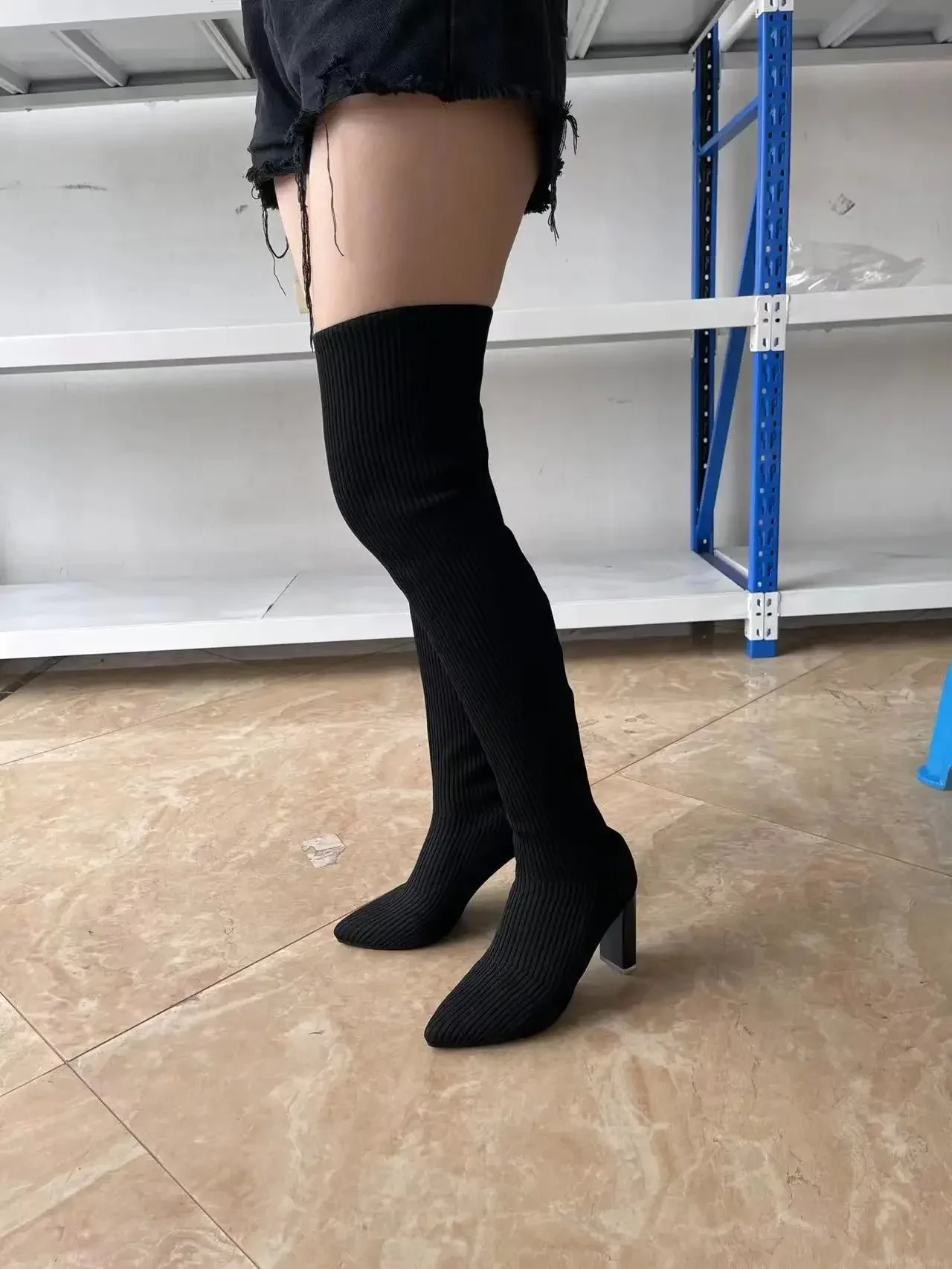 Botas por encima de la rodilla de punto de tacón alto grueso puntiagudo para mujer, calcetines de lana elásticos, botines et bottes, otoño e