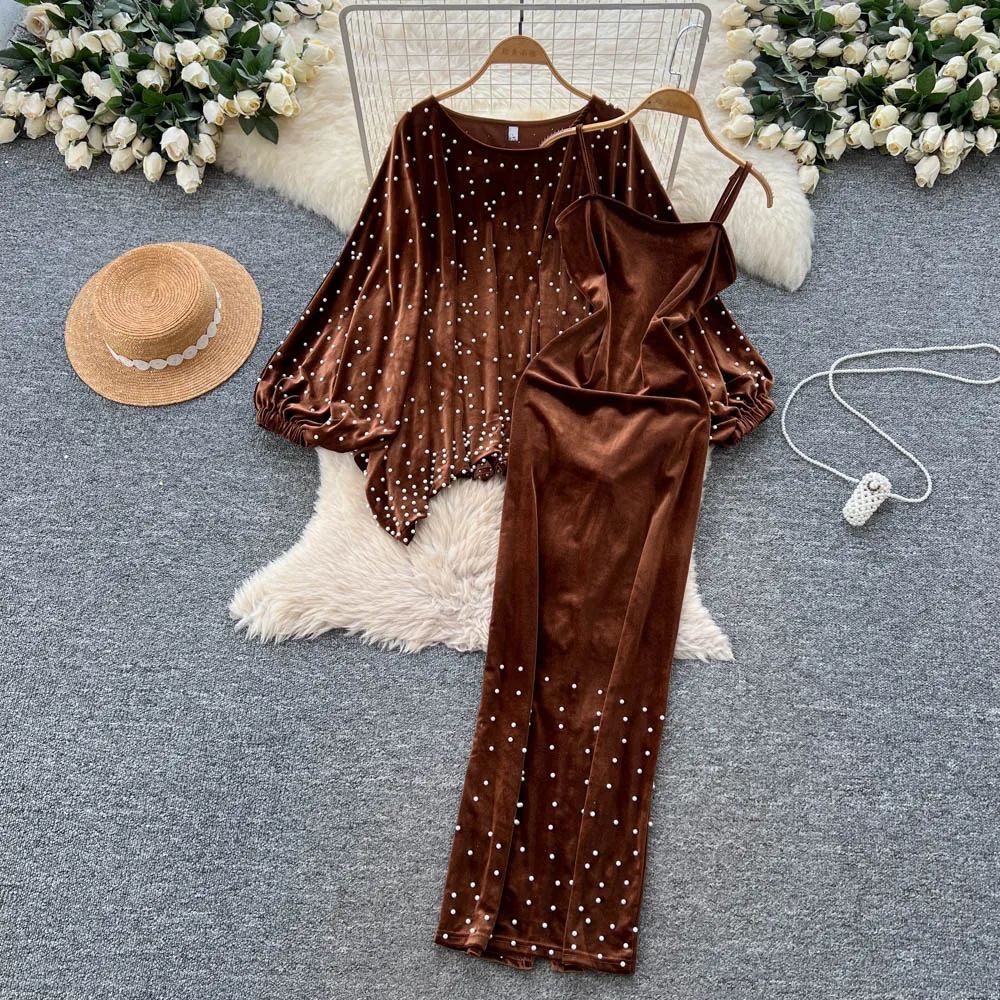 

Сексуальное велюровое платье с рукавами-фонариками, винтажное элегантное женское вечернее корейское модное платье феи, комплект из двух предметов