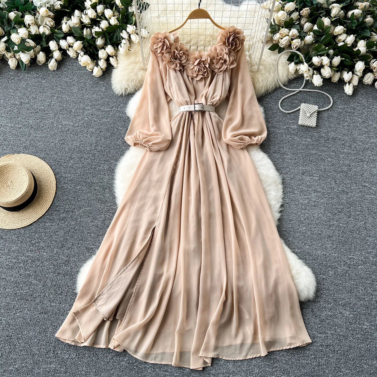 Clothland Women Elegant Flower Midi Dress Ruffle Patchwork Long Sleeve Elastic Waist Belt One Piece Dresses QD608