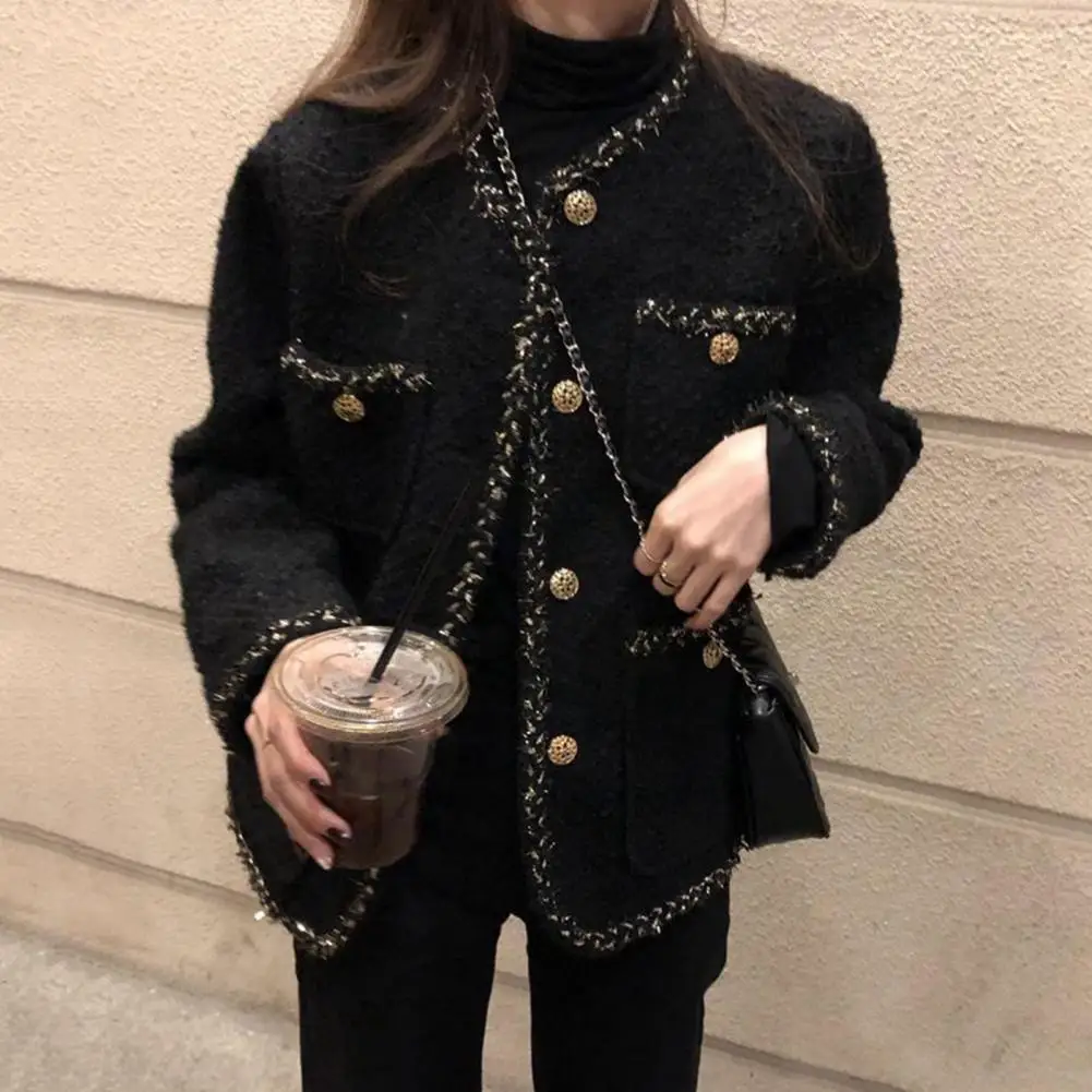 

Korean Style Tweed jackets Women Elegant Blend Wool Coat With Pockets Autumn Winter Single Breasted Outwear Office Lady куртки