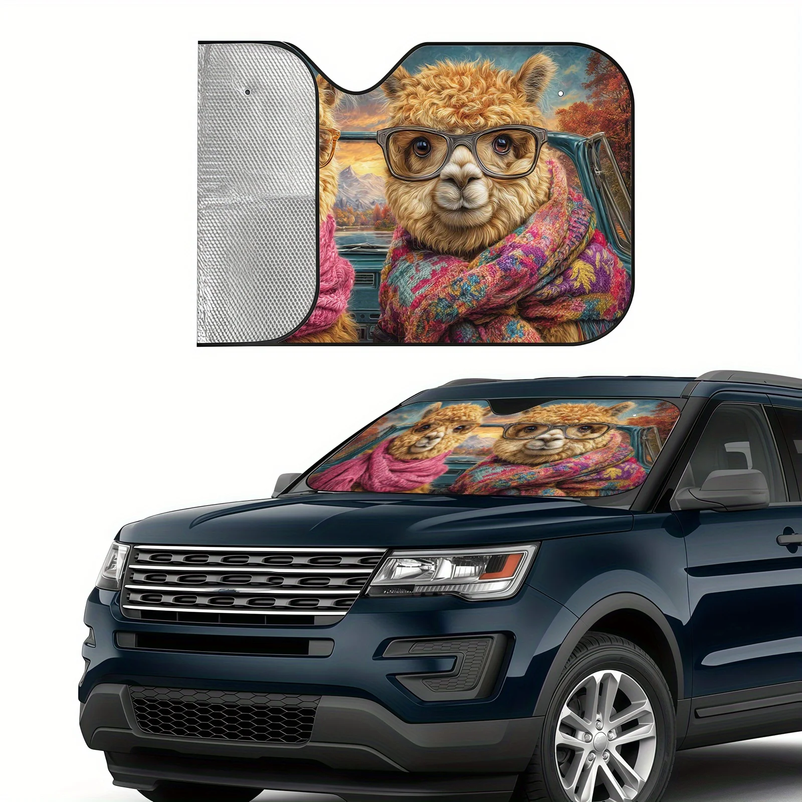 Artistic Alpaca Car Sunshade, Cozy Interior Decoration With A Landscape Background, Heat Insulation And Cooling, Comes With 4 Su