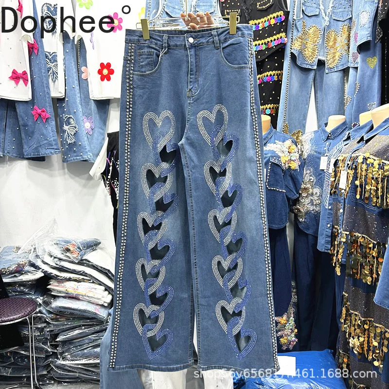

Streetwear Diamonds Hollow Out Love Hot Drilling Women Denim Trousers Spring Autumn High Waist Lady Wide Leg Straight Jeans