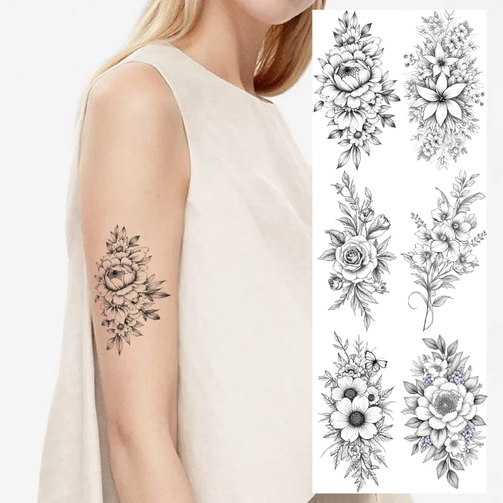 

9pcs Temporary Tattoo Moon And Flowers Temporary Tattoo Stickers Decorative Floral Blossom Cluster For Shoulders Ladies