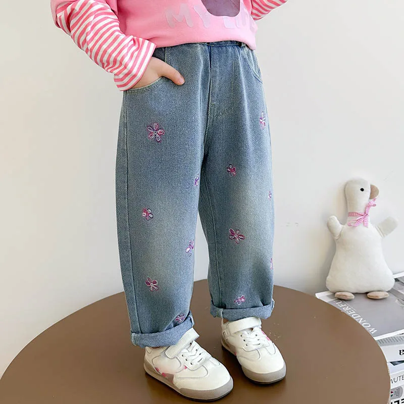 أطفال بنات الأزهار المطرزة الجينز الخريف جديد عالية الخصر فضفاض بنطال ذو قصة أرجل واسعة الكورية الأطفال سراويل جينز 2-7 سنة