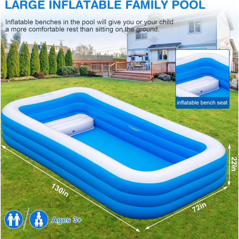 Extra Large Inflatable Pool with Seat, 130"" x72 x22 Thickened Swimming Pools for Adults with Pump