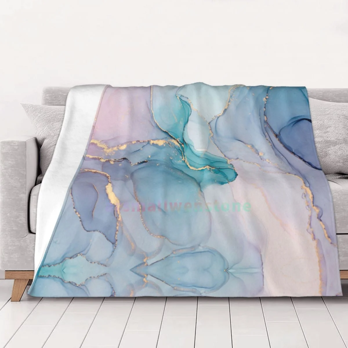 Abstract Teal Purple Gold Marble Flannel Fleece Blanket Soft Warm Lightweight Cozy Anti-Pilling Fuzzy Throw Blankets for Couch