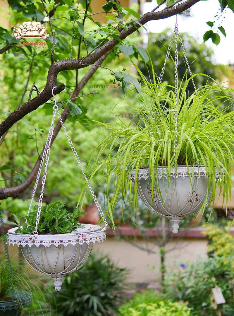 Wrought iron lace hanging basin, European retro mottled old princess style double-layer set of two hanging iron basin