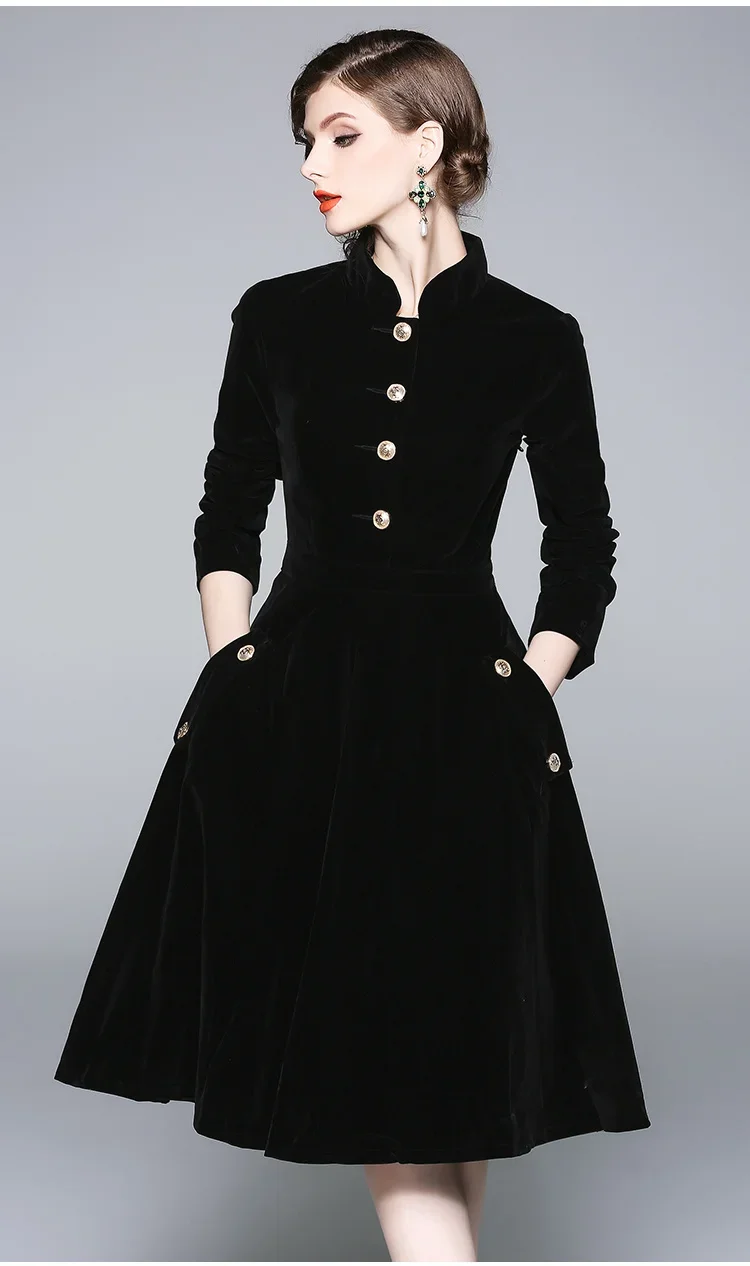 

2024 New Women Autumn & Winter Elegant Velvet Dress Festa High Quality Vintage Party Robe A-Line Designer Black