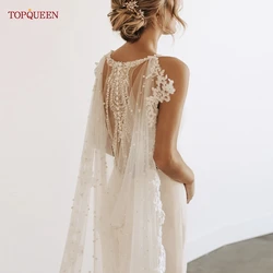 TOPQUEEN VG59 Wedding Shawls Lace Jackets for Wedding Dresses with Pearls Women Cape Veil Wedding Jackets Wrap customizable