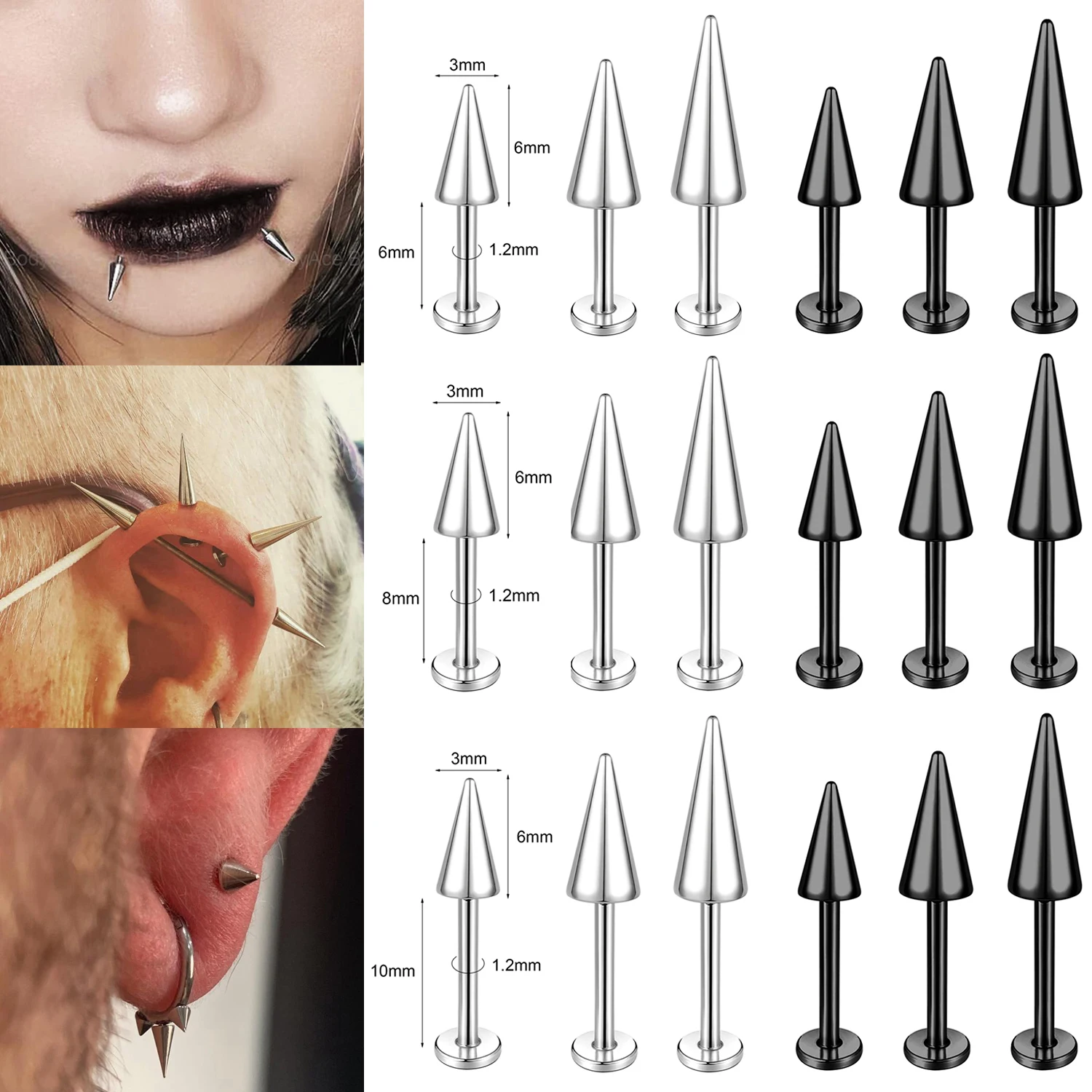 1 Piece Punk Long Spike 16G Stainless Steel Labret Lip Piercing Externally Threaded Cone Cartilage Conch Piercings 6/8/10MM