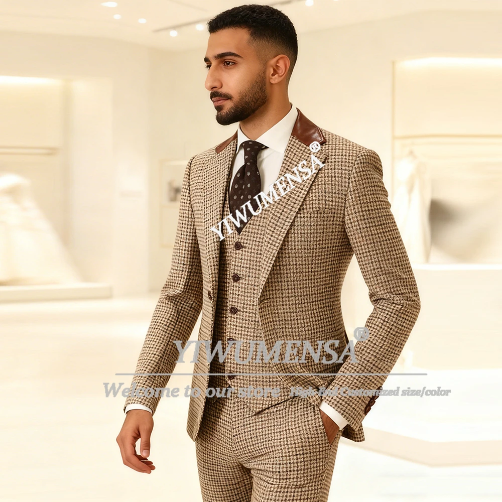 

Male Fashion Plaid Tweed Suits Men 3 Piece Single Breasted Prom Blazers Customized Groom Wedding Tuxedos Outfits Costume Homme