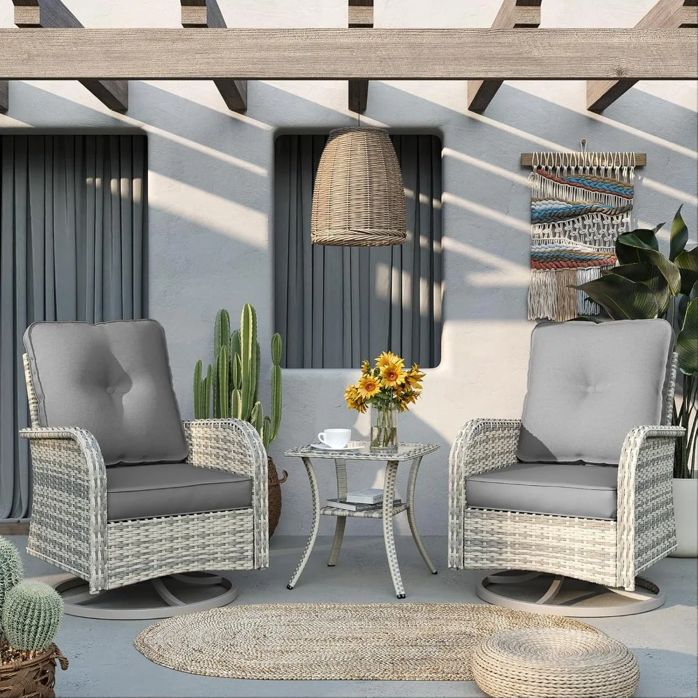 

Patio Rocking Swivel Chair Outdoor Wicker Rattan Bistro Set with Tempered Glass Table, Outdoor Patio Furniture Set for Garden, D