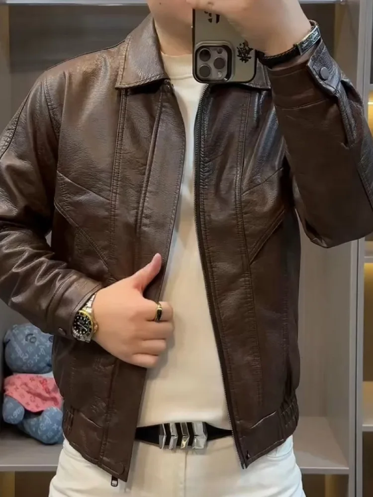 

High-End Men's Zipper Biker Sle Patchwork Collar Leather Jaet ort Lightweight Luxury Warmth Autumn Winter Faion Coat