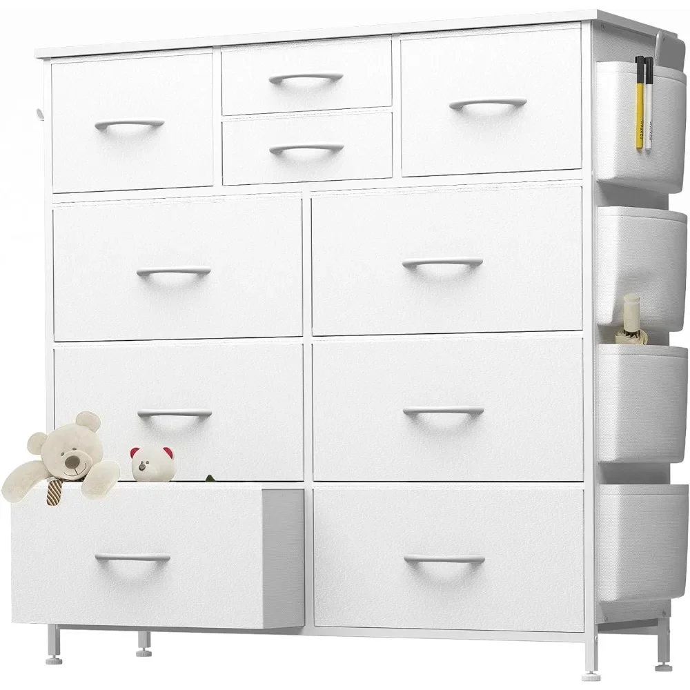 

10 Drawer Dresser, Chest of Drawers for Bedroom, PU Dresser with Side Pockets, Hooks, Wooden Top and Sturdy Metal Frame