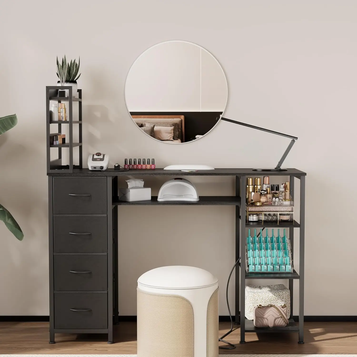Manicure Table Nail Desk for Nail tech with Drawers and Power Outlet,Nail Beauty Table with Storage and Open Shelves for Home,Wo