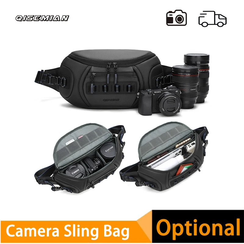 QISEMIAN Unisex DSLR Camera Bag for Canon/Fujifilm, Water-Resistant Oxford Protective Bag Carries 1 Camera 2 Lenses with Strap