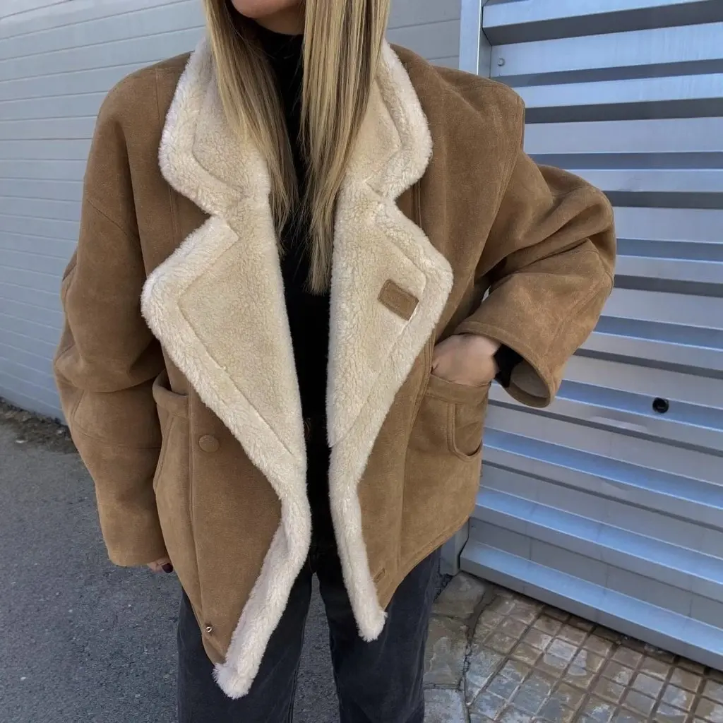 

Women's Thickened Warm Lamb Wool Jacket Loose Lapel Style for Autumn Winter Fashion European American Export