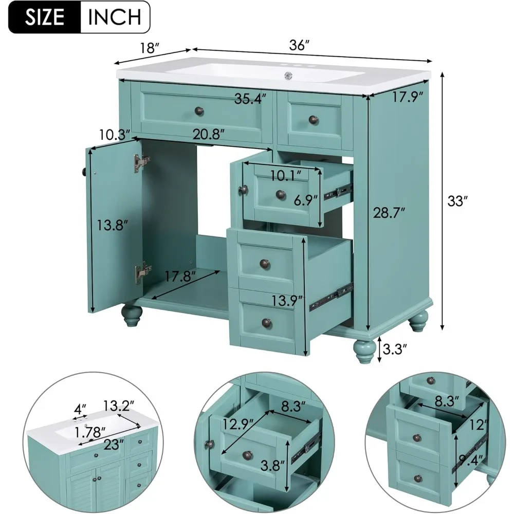 36 "Vanity kamar mandi dengan wastafel Combo, wastafel tunggal berdiri bebas penyimpanan kamar mandi lemari rias dengan pintu dan laci Louvered