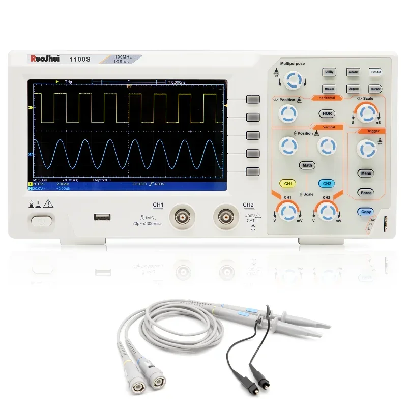 RuoShui 1100S Oscilloscope 100mhz 2channels 1GSa/s Device Portable Economic Digital Storage Oscillograph Color Screen USB 7 Inch