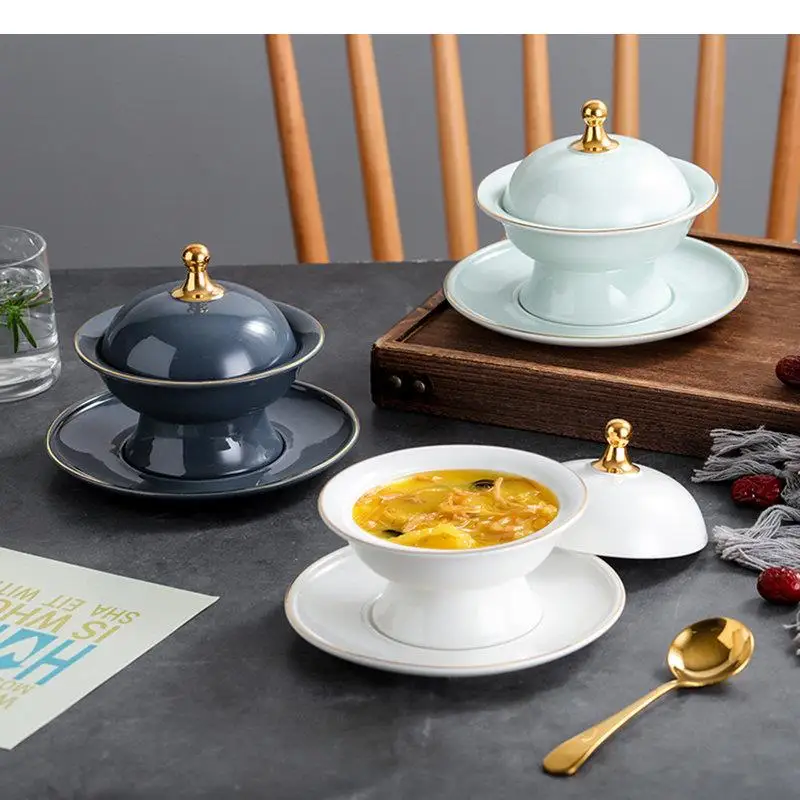 

Ceramic Soup Basin Pot Serving Bowl with Lids Restaurant Round Solid Color Tableware Dish Snack Dessert Plate