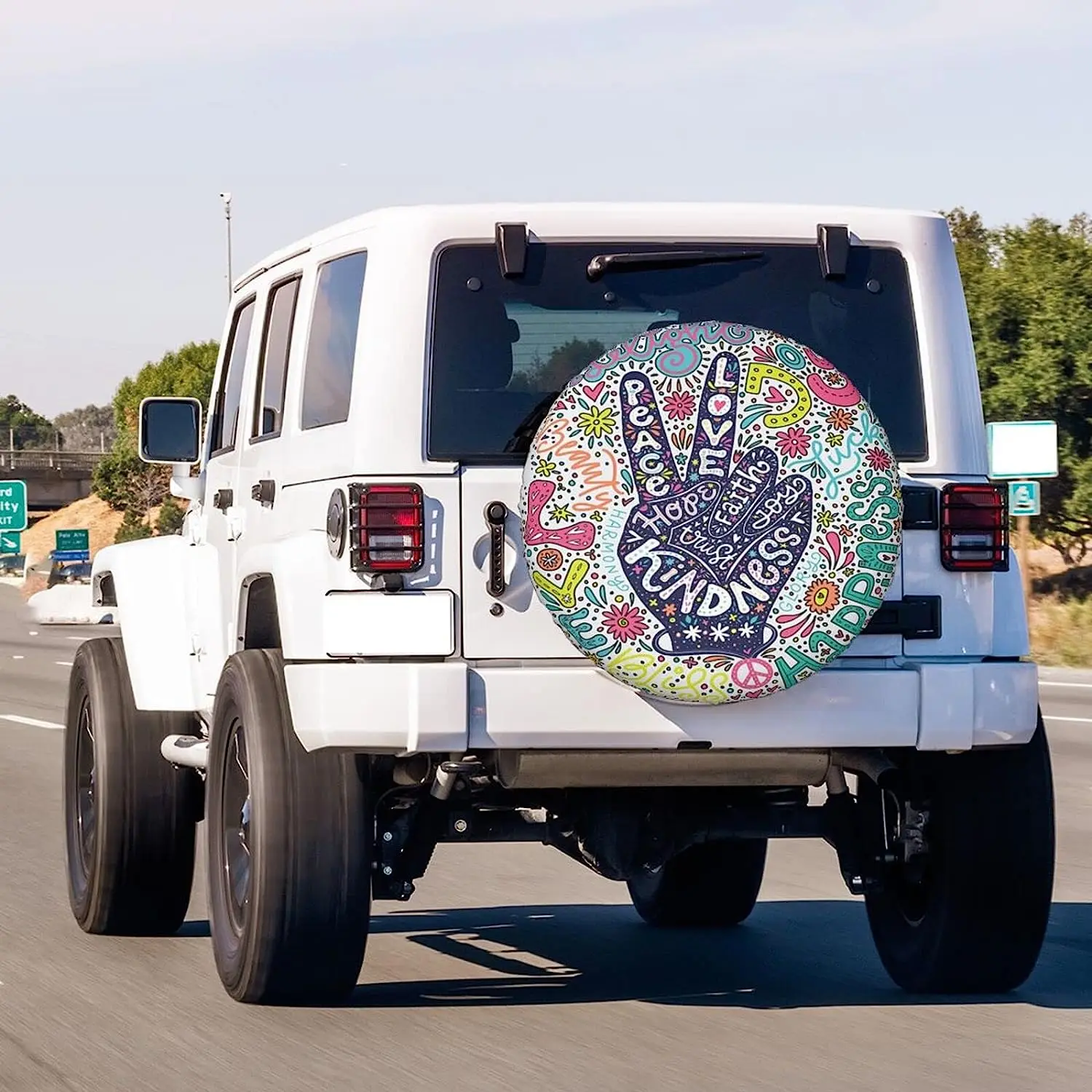 Floral Peace Sign Gesture Spare Tire Cover Polyester Universal Sunscreen Waterproof Wheel Covers for Trailer RV SUV Truck 15 In