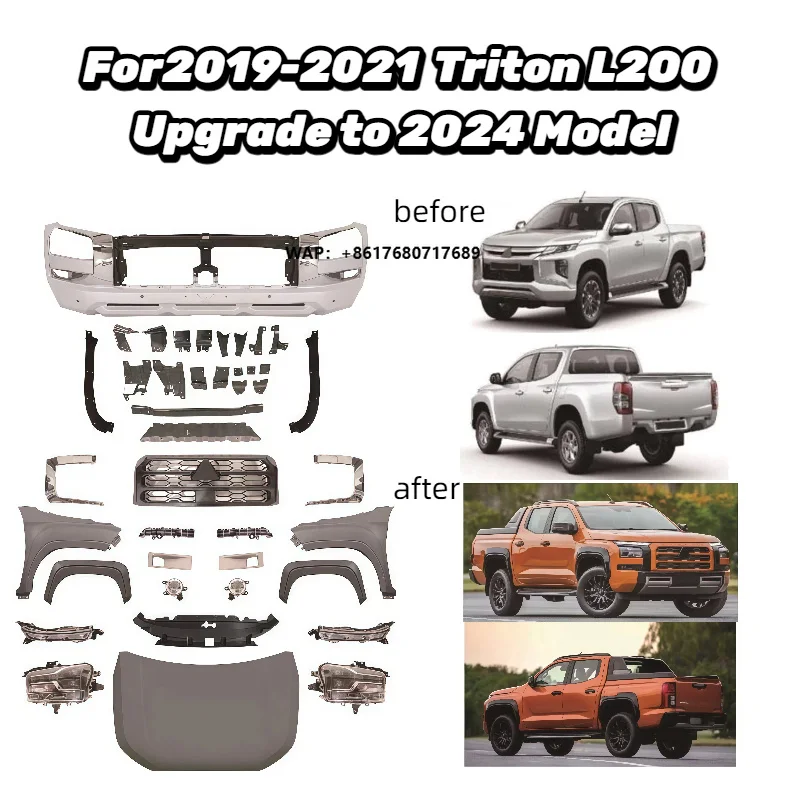 Accessories Body Kit for Triton L200 2019 2020 2021 Upgrade to 2024 Front Bumper Rear Bumper with Light